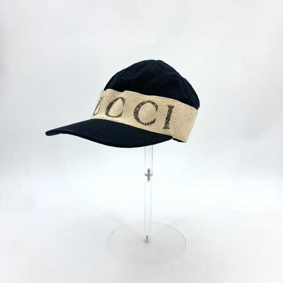 X17104 Gucci black logo cotton cap with brim 7.5cm circumference 60cm XL slight - Picture 1 of 9